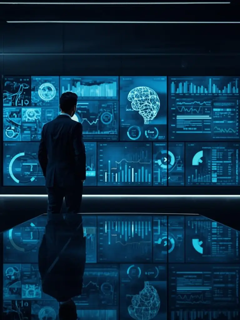 Executive viewing large AI-powered dashboard with real-time analytics, business intelligence interface, data visualization, sleek modern boardroom, high-tech environment