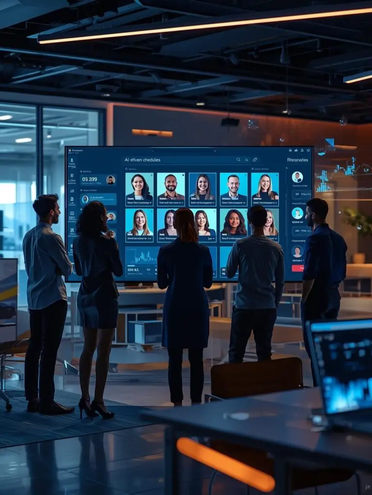 HR professionals using AI-driven recruitment platform, diverse candidate profiles on screen, modern workspace, digital interview scheduling, dynamic office environment with tech elements