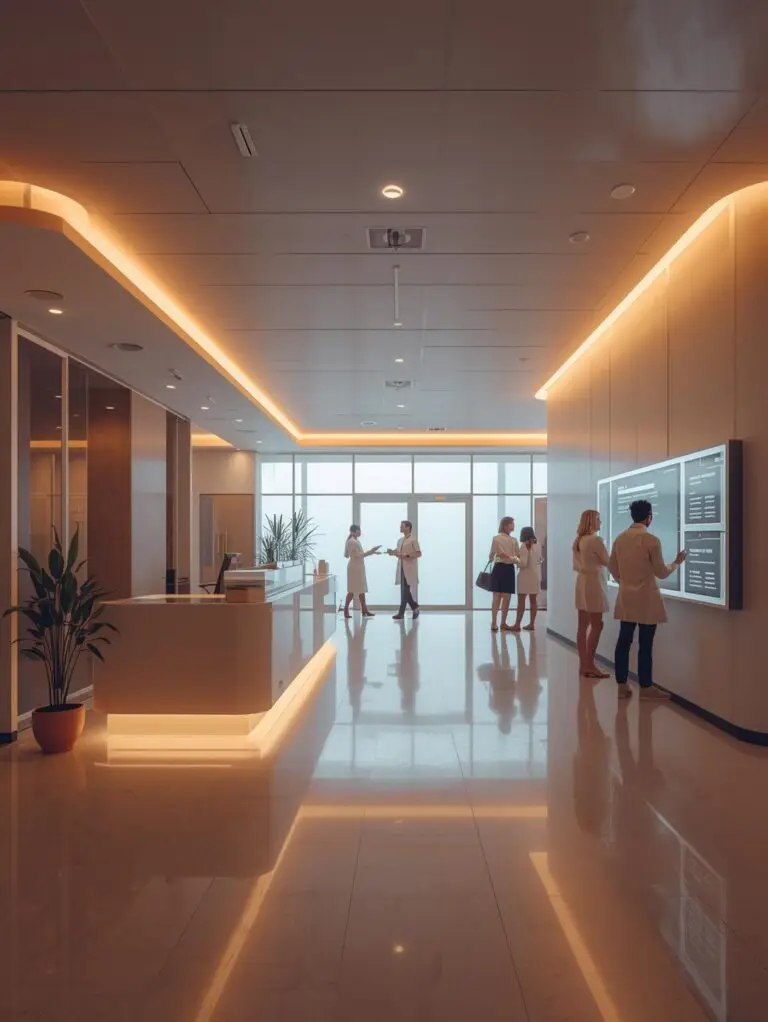 Modern medical clinic reception with AI virtual assistant interface, patients being helped by digital screens, clean healthcare design, warm lighting, futuristic medical technology