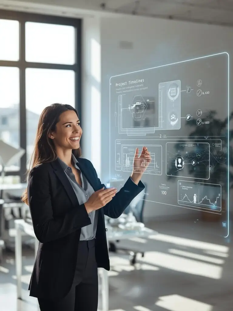 Project manager collaborating with AI virtual assistant, digital project timeline interface, team coordination tools, modern office workspace, futuristic project management technology